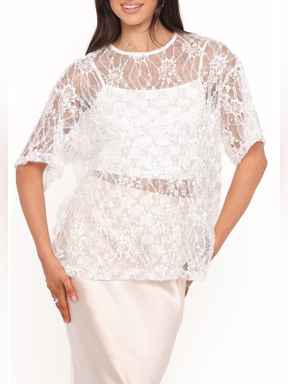 White Lace Sheer SEQUIN Top - Women's Elegant Overlay, BY PETAL & PUP SIZE XXL